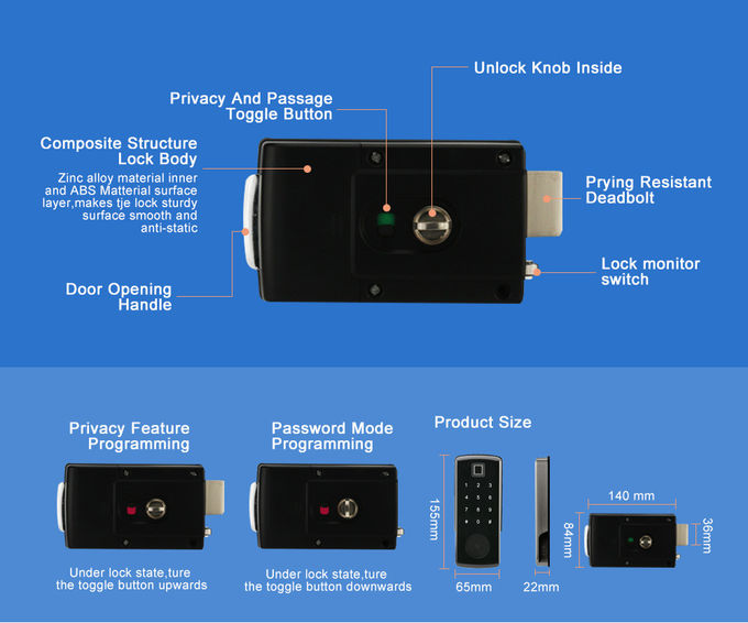 Siyah Çinko Alaşımlı Malzeme RIM Kilidi ile Akıllı Güvenlik Otomatik Şifre Kartı Bolt Kilidi 2