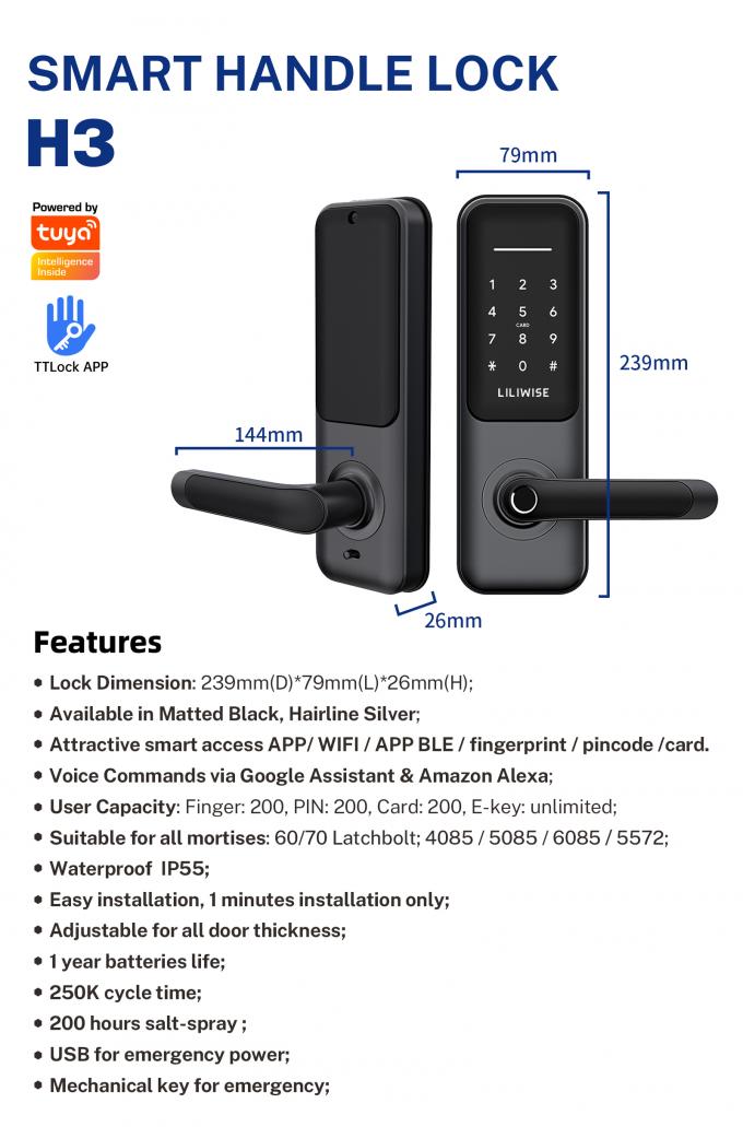 Yüksek Güvenlikli Parmak İzi Ttlock Akıllı Kilit Tuya WIFI BLE Dijital Akıllı Kapı Kilidi 3