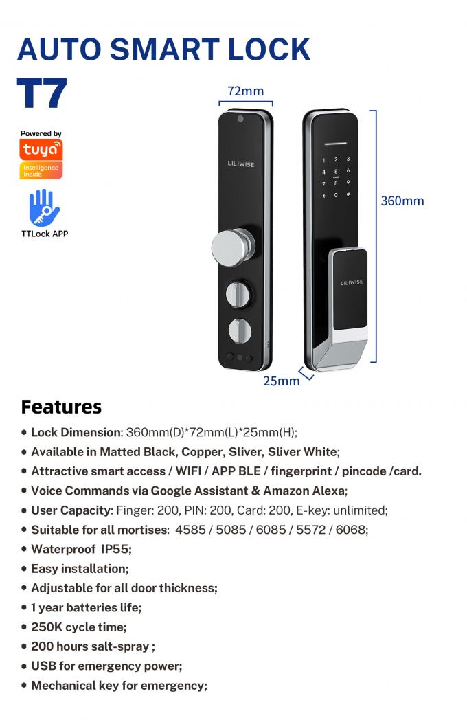 Liliwise New Design Fully-Automatic Lock Digital Electronic Fingerprint Lock Tuya APP TTlock Smart Door Lock 26