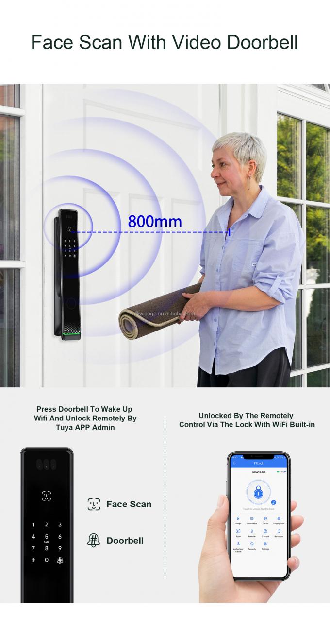 Liliwise Tuya Home Security Front Door Lock Outdoor Digital Fingerprint Waterproof Security Facial Recognition Smart Lock 10